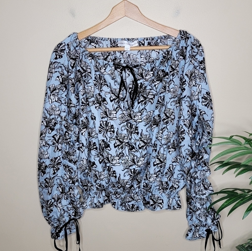 Robert Rodriguez Blue Black Floral Silk Blouse with Ruffled Split Sleeves